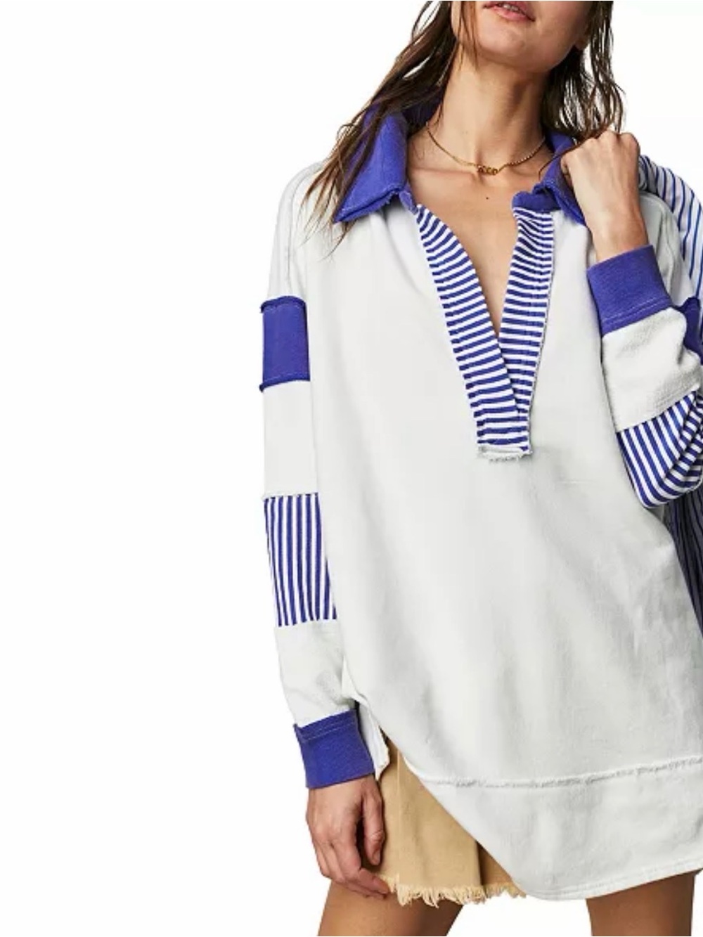 Free People White Hooded Men's Pullover with Blue Stripe Accents
